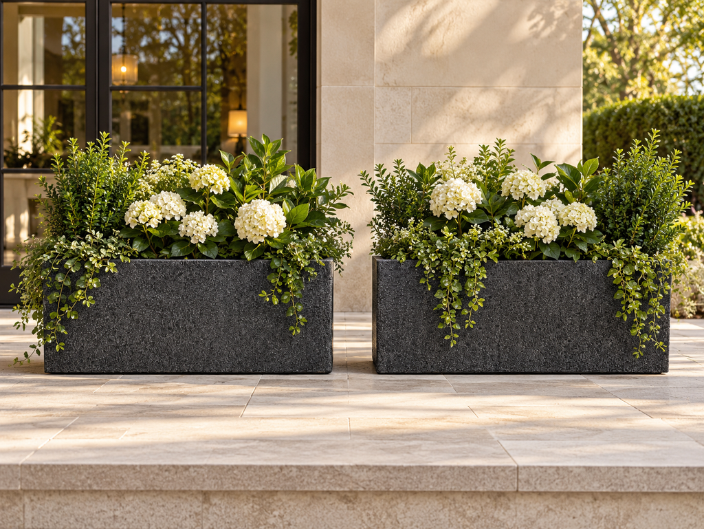 RH Paxos Square Planter – Size F 39½"W × 19½"D × 19½"H | Carbon | Set of 2 | Upscale Staging