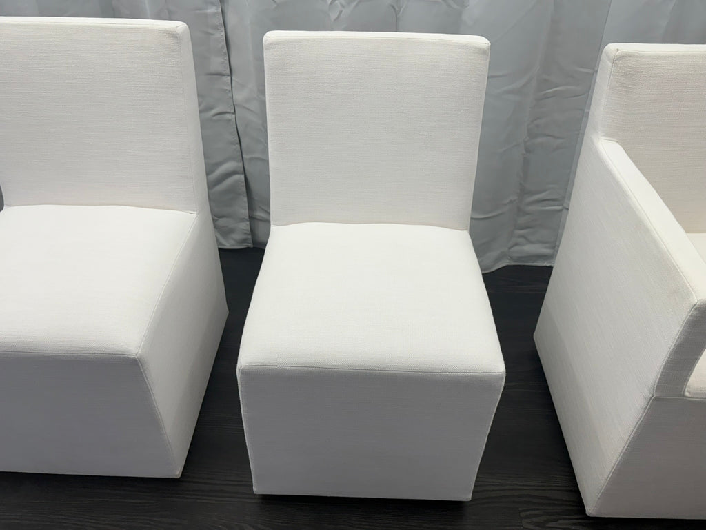Curated Set of Four RH Ellison Fabric Dining Chairs
Perennials® Performance Textured Linen Weave — White
Recessed Caster Bases