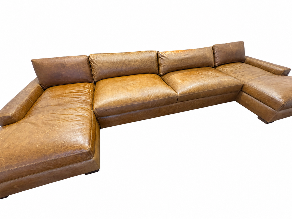RH Maxwell Leather U-Chaise Sectional – 8' Armless Sofa with Dual Luxe Chaises in Italian Berkshire Leather (Chestnut)
