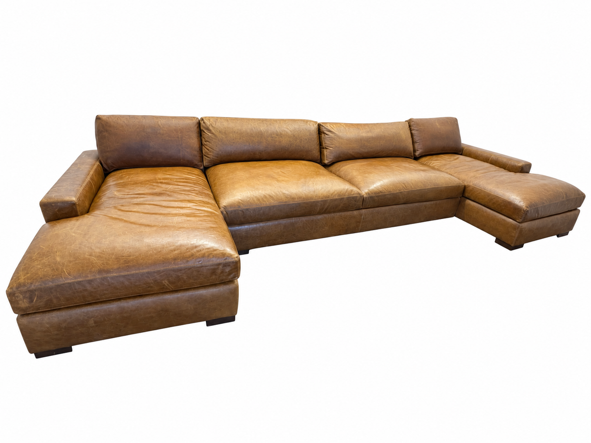 RH Maxwell Leather U-Chaise Sectional – 8' Armless Sofa with Dual Luxe Chaises in Italian Berkshire Leather (Chestnut)