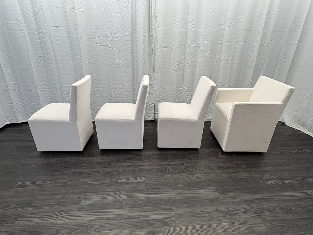Curated Set of Four RH Ellison Fabric Dining Chairs
Perennials® Performance Textured Linen Weave — White
Recessed Caster Bases
