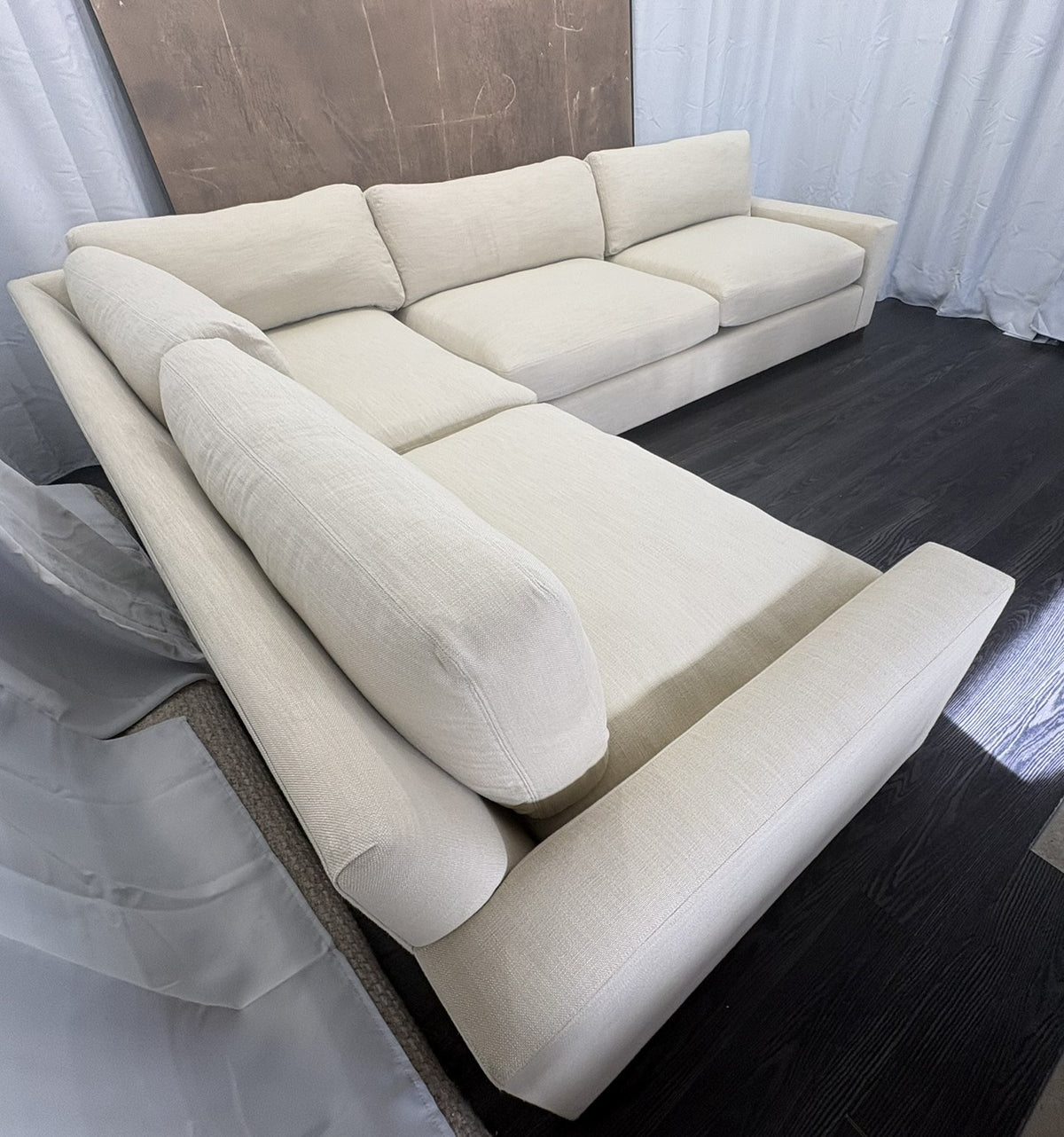 RH Maxwell Left-Arm L-Sectional | Classic | Down | Perennials® Performance Textured Linen Weave – Dune