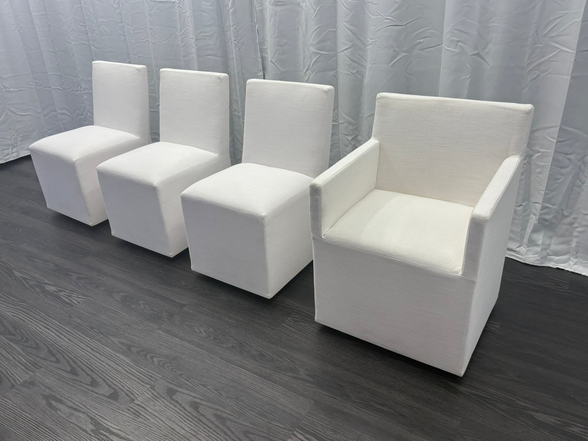Curated Set of Four RH Ellison Fabric Dining Chairs
Perennials® Performance Textured Linen Weave — White
Recessed Caster Bases