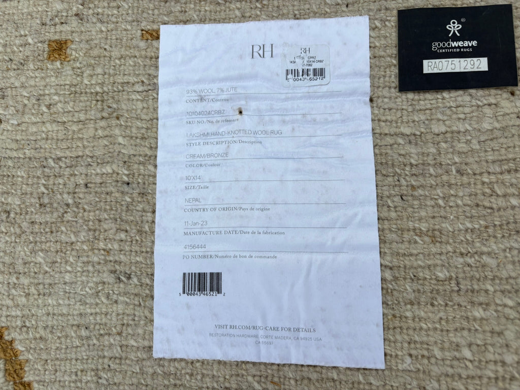 RH Lakshmi Wool Rug – 10' × 14' Cream / Bronze | Hand-Knotted Himalayan Wool & Jute | Made in Nepal