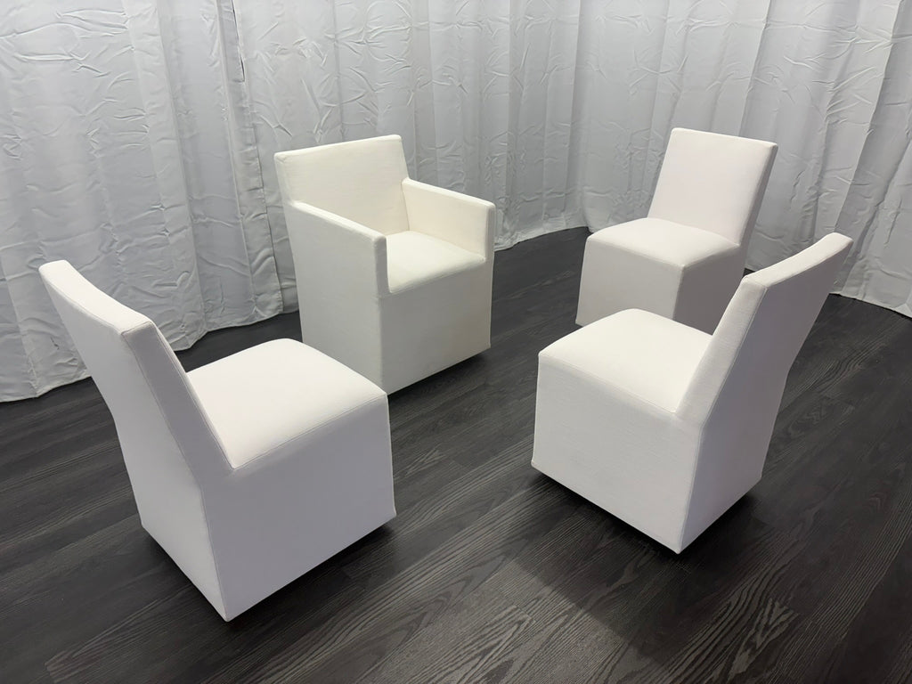 Curated Set of Four RH Ellison Fabric Dining Chairs
Perennials® Performance Textured Linen Weave — White
Recessed Caster Bases