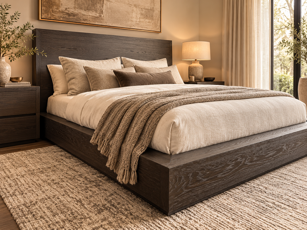 RH Machinto Panel Bed – Queen | 50" Headboard | Brown Oak