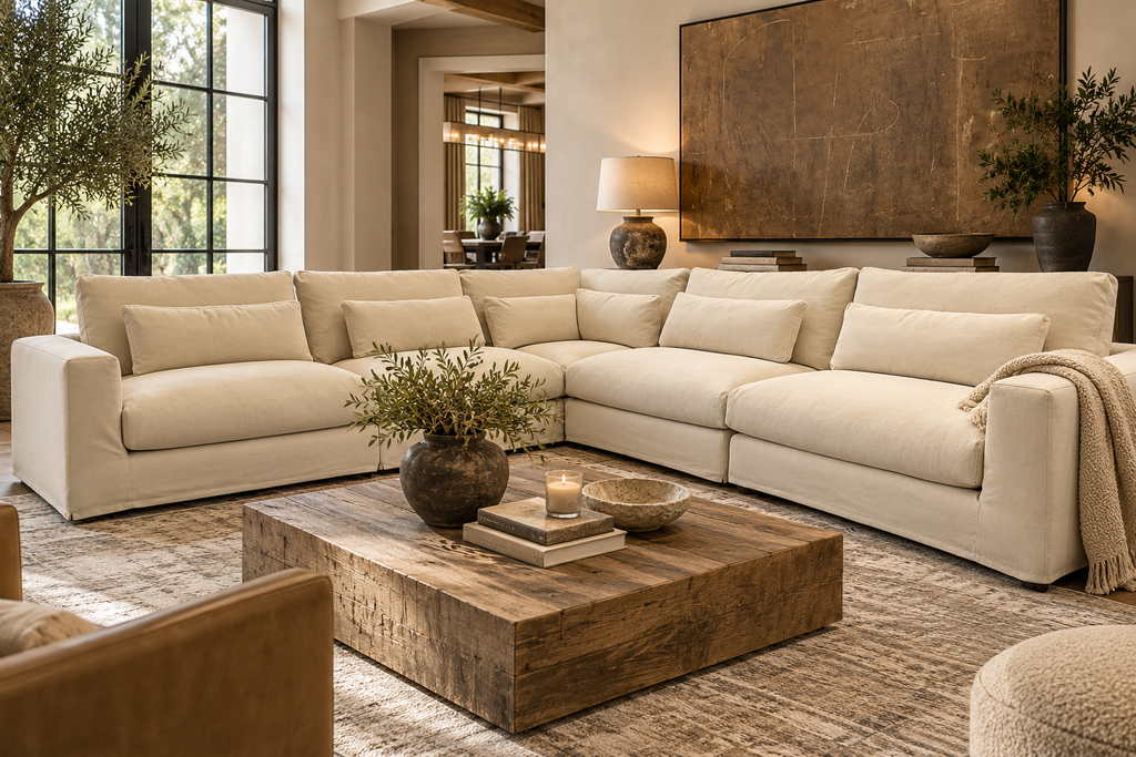 RH Lugano Modular 5-Piece Sectional | Italy | Down-Feather | Performance Linen Weave – Sand | Customizable