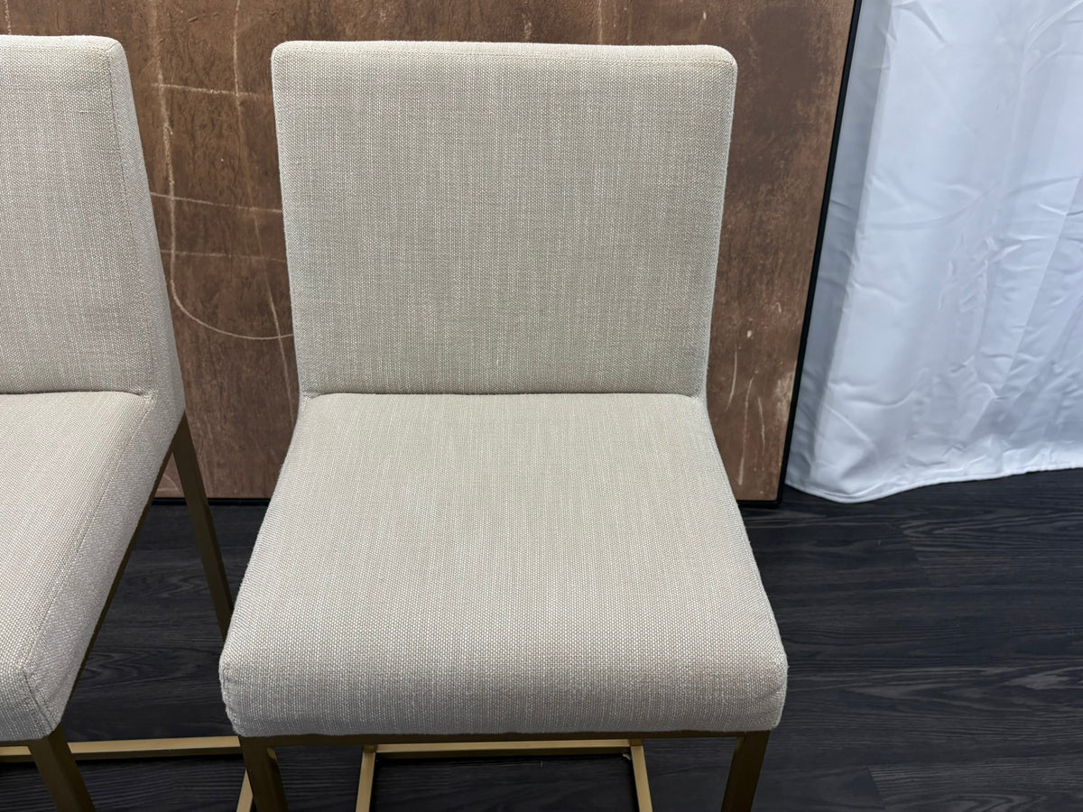RH Emery Armless Fabric Counter Stools – Set of 3 Perennials® Performance Textured Linen Weave – Sand | Burnished Brass | Counter Height