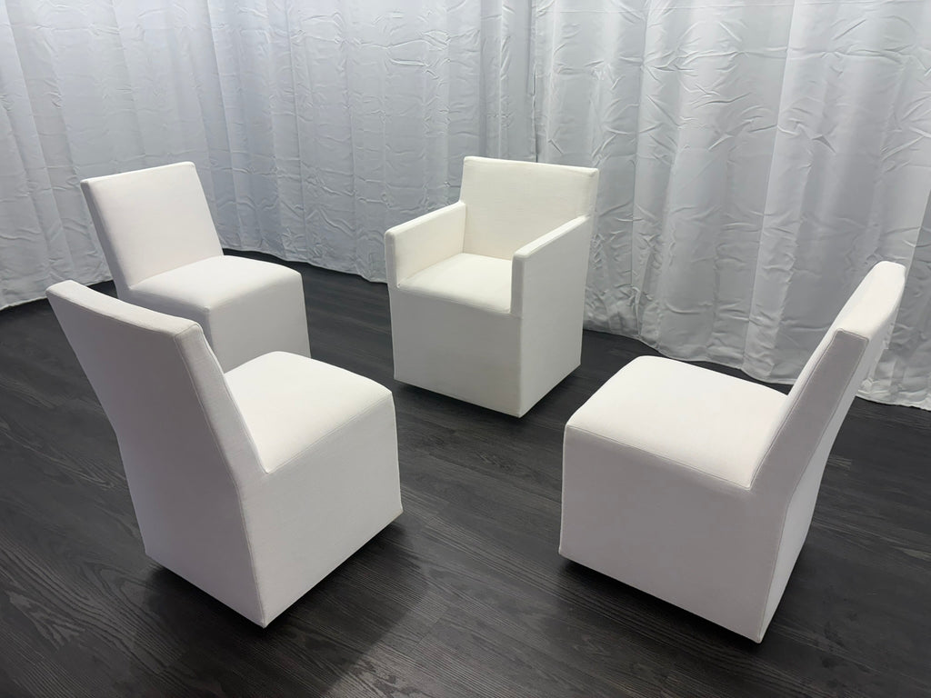 Curated Set of Four RH Ellison Fabric Dining Chairs
Perennials® Performance Textured Linen Weave — White
Recessed Caster Bases