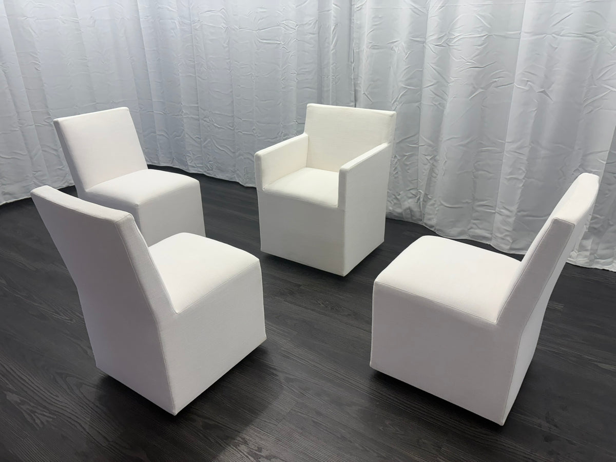 Curated Set of Four RH Ellison Fabric Dining Chairs
Perennials® Performance Textured Linen Weave — White
Recessed Caster Bases