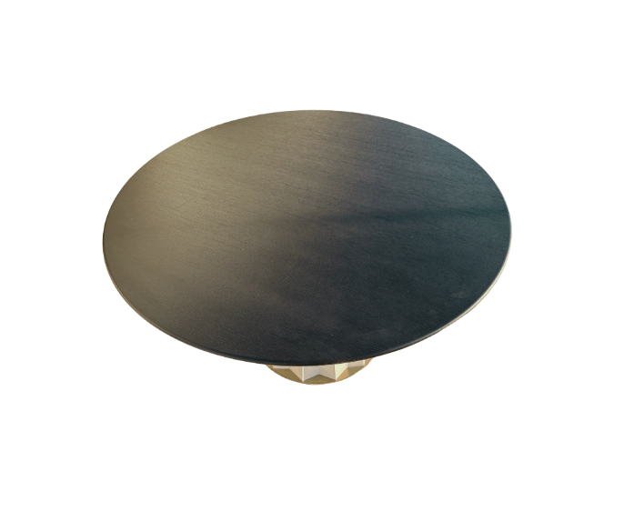 Sculptural Designer Dining Table – Attributed to Baker “Heliodor” Pedestal in Ivory & Gold × RH 48″ Black Brushed Oak Top