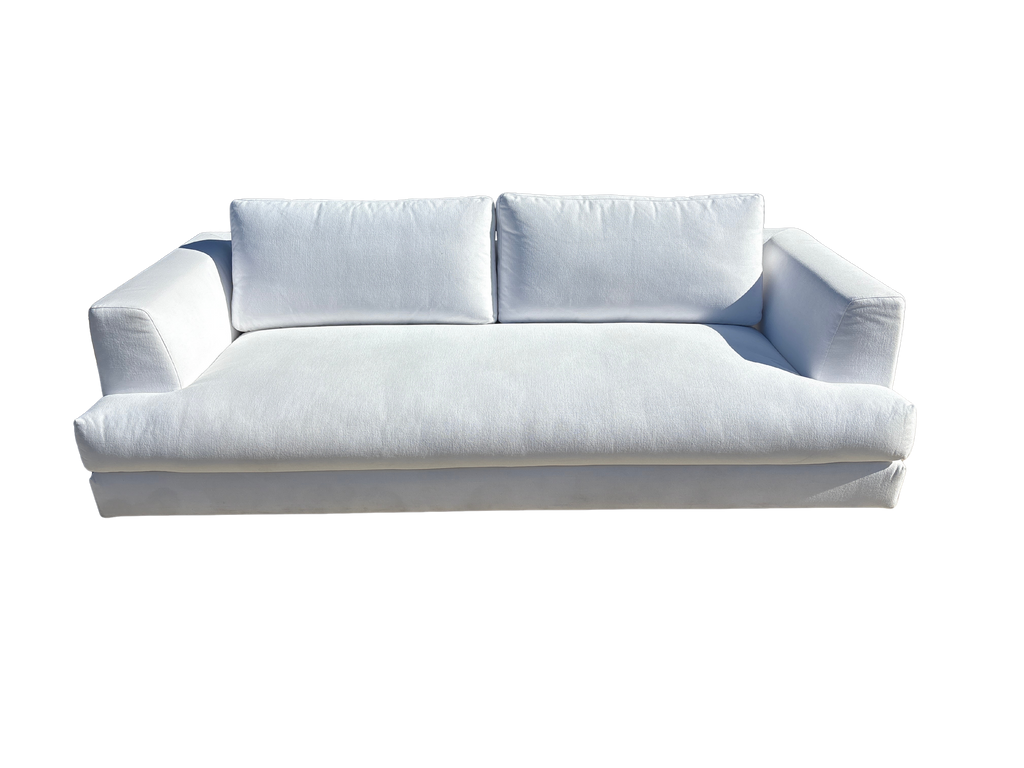 RH Monza Bench-Cushion Sofa – 8’ Luxe Depth in White Performance Linen Weave (Made in Italy)