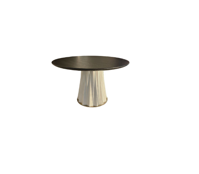 Sculptural Designer Dining Table – Attributed to Baker “Heliodor” Pedestal in Ivory & Gold × RH 48″ Black Brushed Oak Top