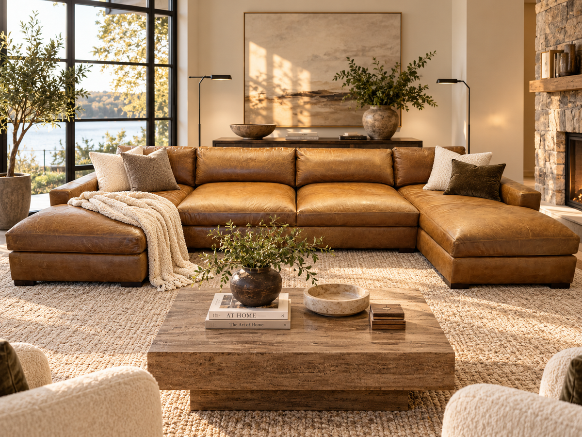 RH Maxwell Leather U-Chaise Sectional – 8' Armless Sofa with Dual Luxe Chaises in Italian Berkshire Leather (Chestnut)