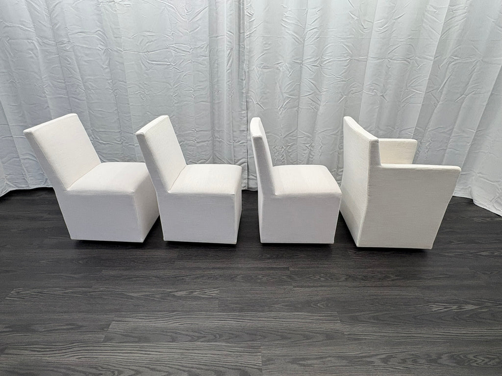 Curated Set of Four RH Ellison Fabric Dining Chairs
Perennials® Performance Textured Linen Weave — White
Recessed Caster Bases