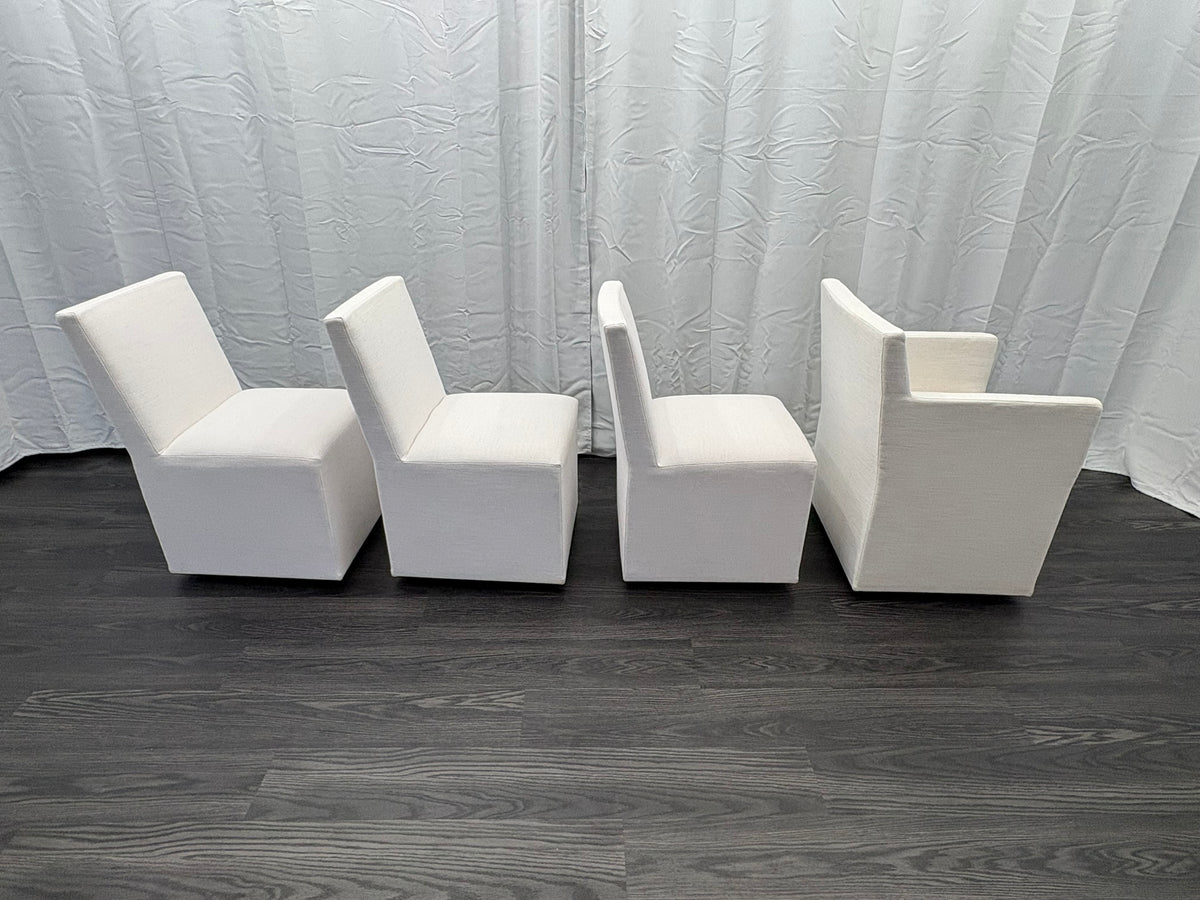 Curated Set of Four RH Ellison Fabric Dining Chairs
Perennials® Performance Textured Linen Weave — White
Recessed Caster Bases