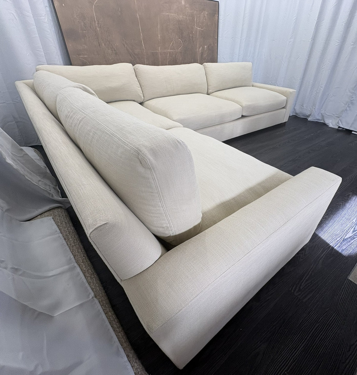 RH Maxwell Left-Arm L-Sectional | Classic | Down | Perennials® Performance Textured Linen Weave – Dune