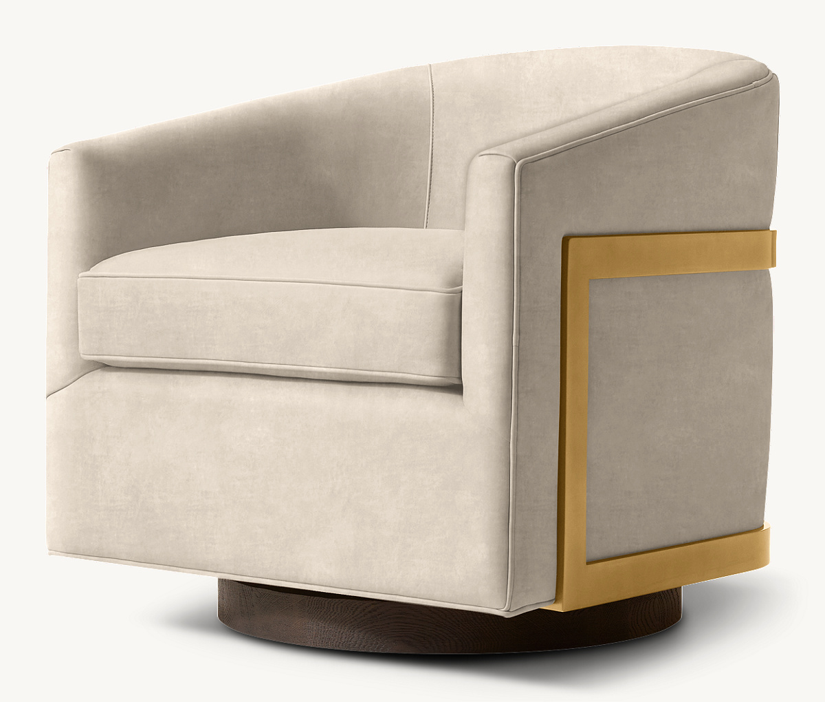 RH Reginald Leather Swivel Chair Italian Veneto Leather – Ivory | Brass | Black Oak Drifted Base | 360° Swivel