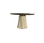 Sculptural Designer Dining Table – Attributed to Baker “Heliodor” Pedestal in Ivory & Gold × RH 48″ Black Brushed Oak Top