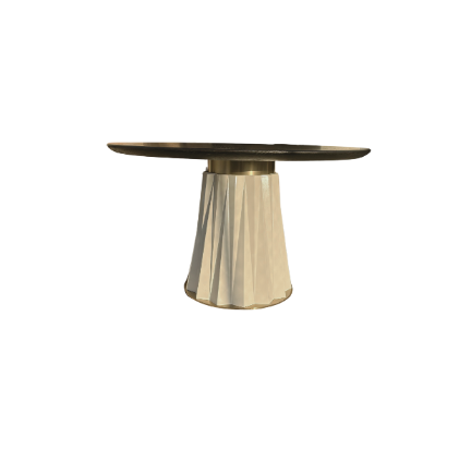 Sculptural Designer Dining Table – Attributed to Baker “Heliodor” Pedestal in Ivory & Gold × RH 48″ Black Brushed Oak Top