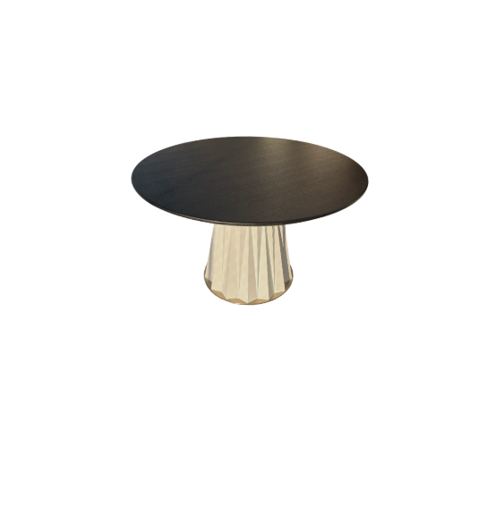 Sculptural Designer Dining Table – Attributed to Baker “Heliodor” Pedestal in Ivory & Gold × RH 48″ Black Brushed Oak Top