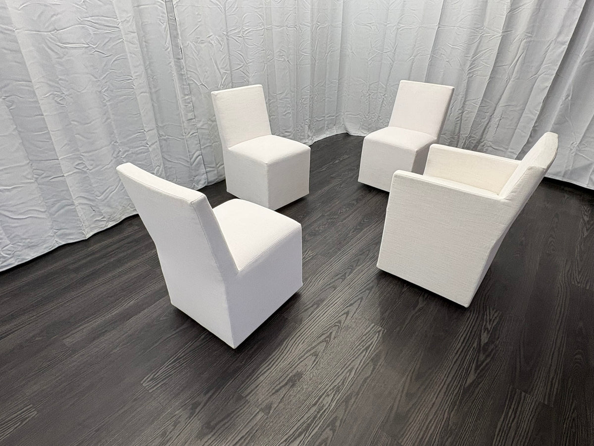 Curated Set of Four RH Ellison Fabric Dining Chairs
Perennials® Performance Textured Linen Weave — White
Recessed Caster Bases