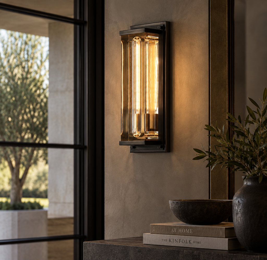 RH Savile Grand Rectangular Sconce Bronze | K9 Crystal Glass & Sand-Cast Brass | Designed by Jonathan Browning