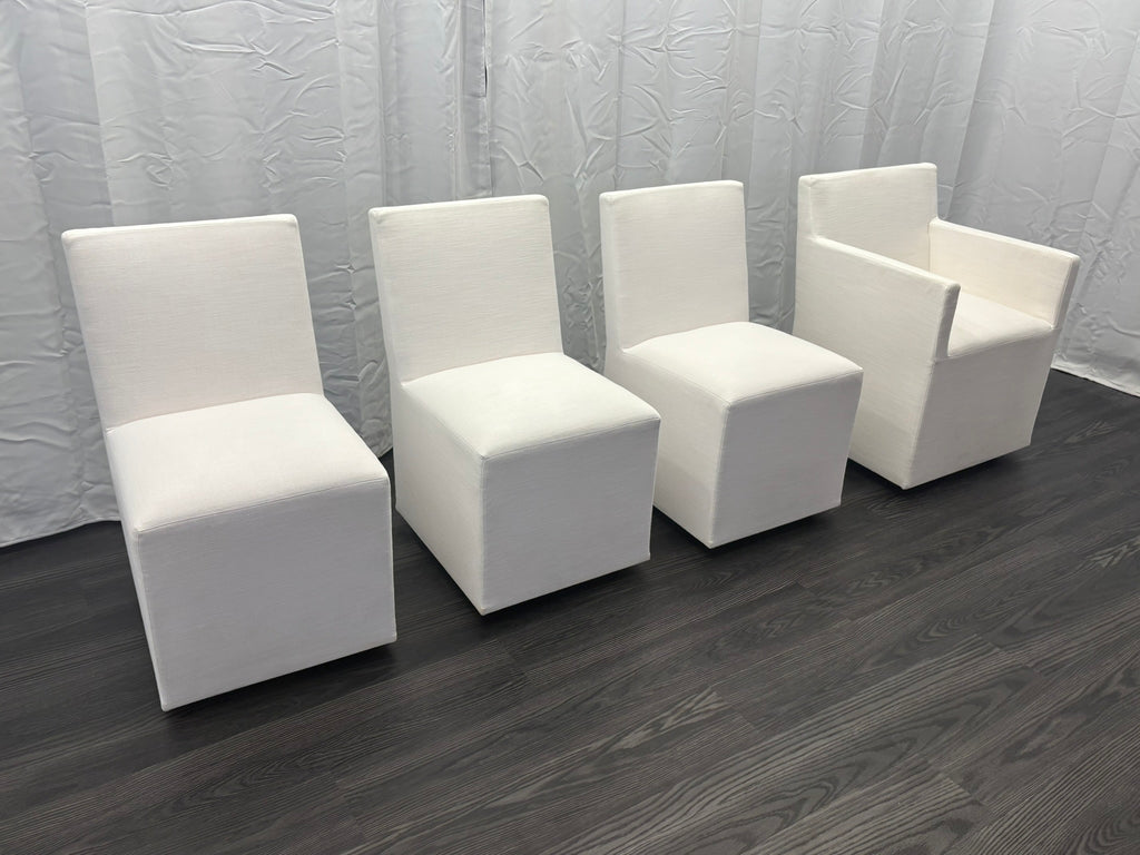 Curated Set of Four RH Ellison Fabric Dining Chairs
Perennials® Performance Textured Linen Weave — White
Recessed Caster Bases