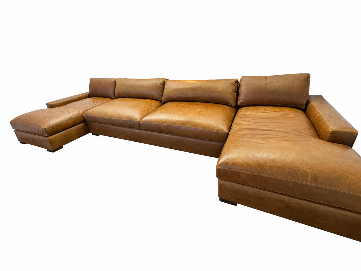 RH Maxwell Leather U-Chaise Sectional – 8' Armless Sofa with Dual Luxe Chaises in Italian Berkshire Leather (Chestnut)