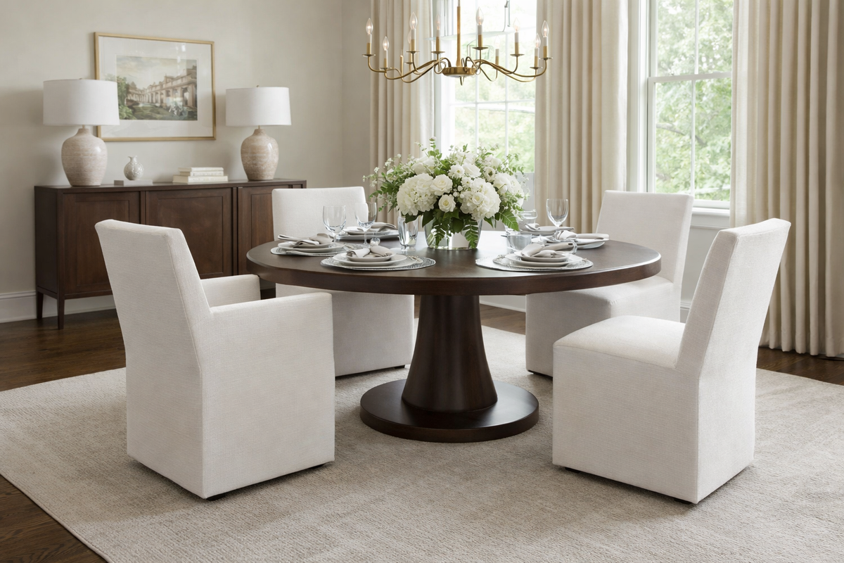Curated Set of Four RH Ellison Fabric Dining Chairs
Perennials® Performance Textured Linen Weave — White
Recessed Caster Bases