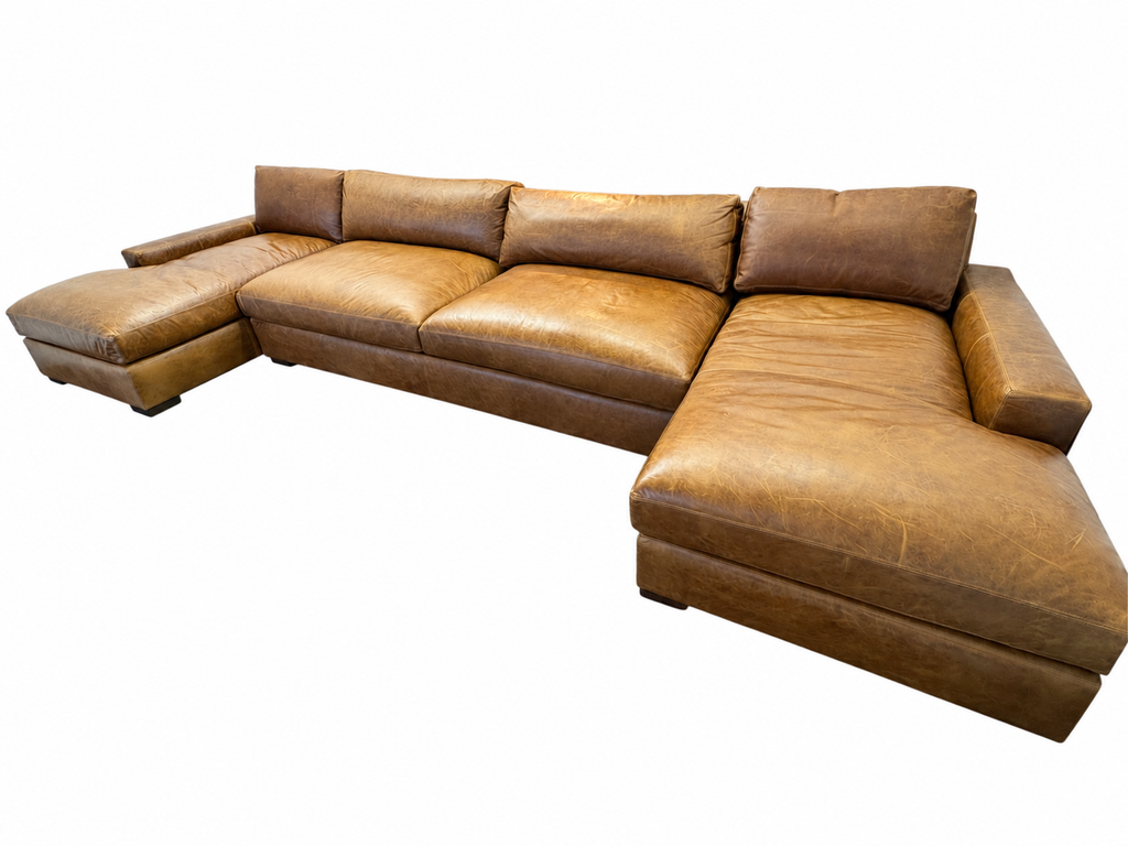 RH Maxwell Leather U-Chaise Sectional – 8' Armless Sofa with Dual Luxe Chaises in Italian Berkshire Leather (Chestnut)