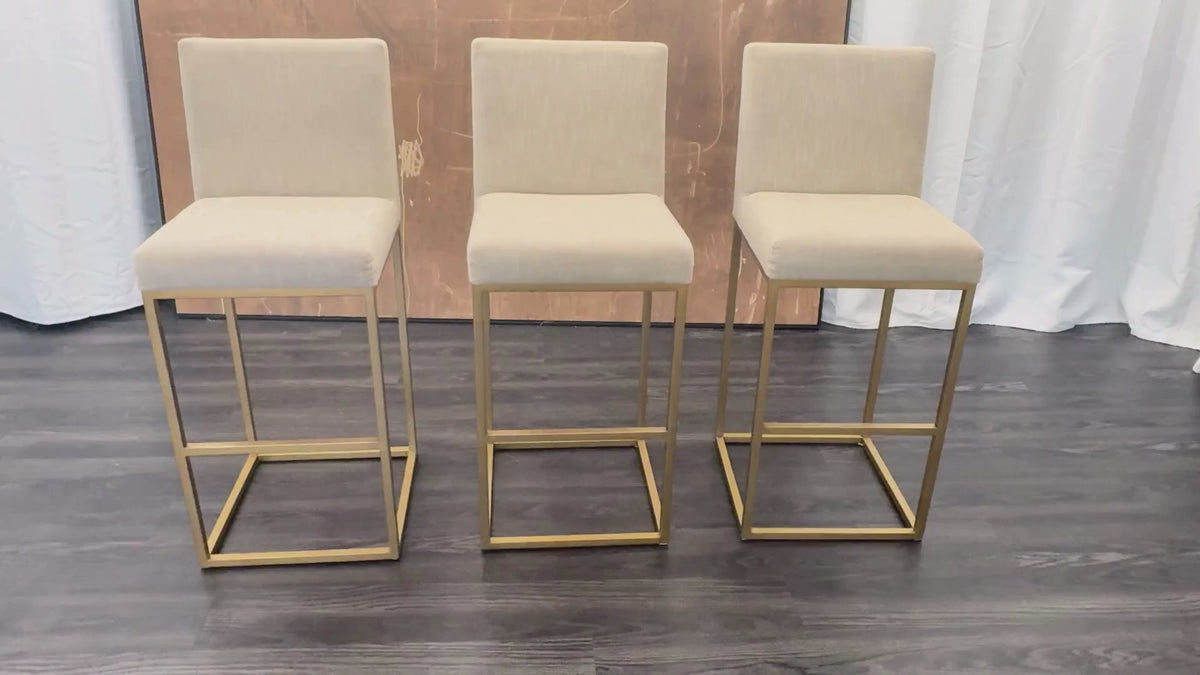 RH Emery Armless Fabric Counter Stools – Set of 3 Perennials® Performance Textured Linen Weave – Sand | Burnished Brass | Counter Height