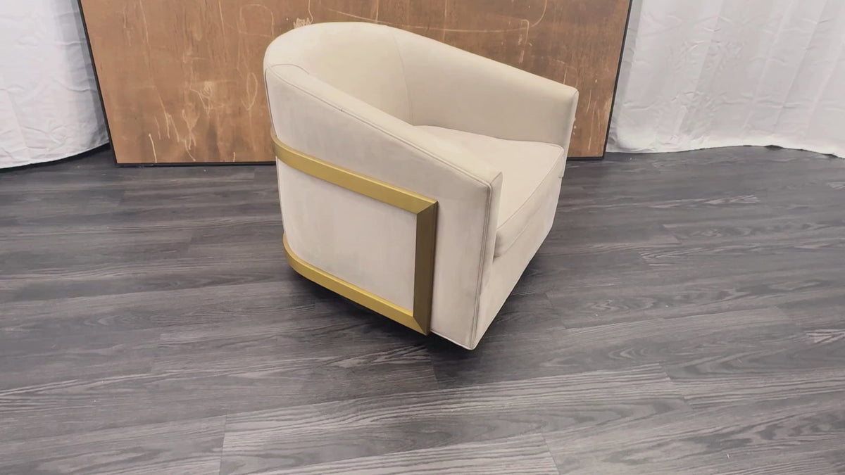 RH Reginald Leather Swivel Chair Italian Veneto Leather – Ivory | Brass | Black Oak Drifted Base | 360° Swivel