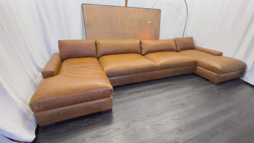 RH Maxwell Leather U-Chaise Sectional – 8' Armless Sofa with Dual Luxe Chaises in Italian Berkshire Leather (Chestnut)