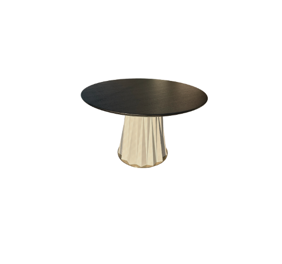 Sculptural Designer Dining Table – Attributed to Baker “Heliodor” Pedestal in Ivory & Gold × RH 48″ Black Brushed Oak Top