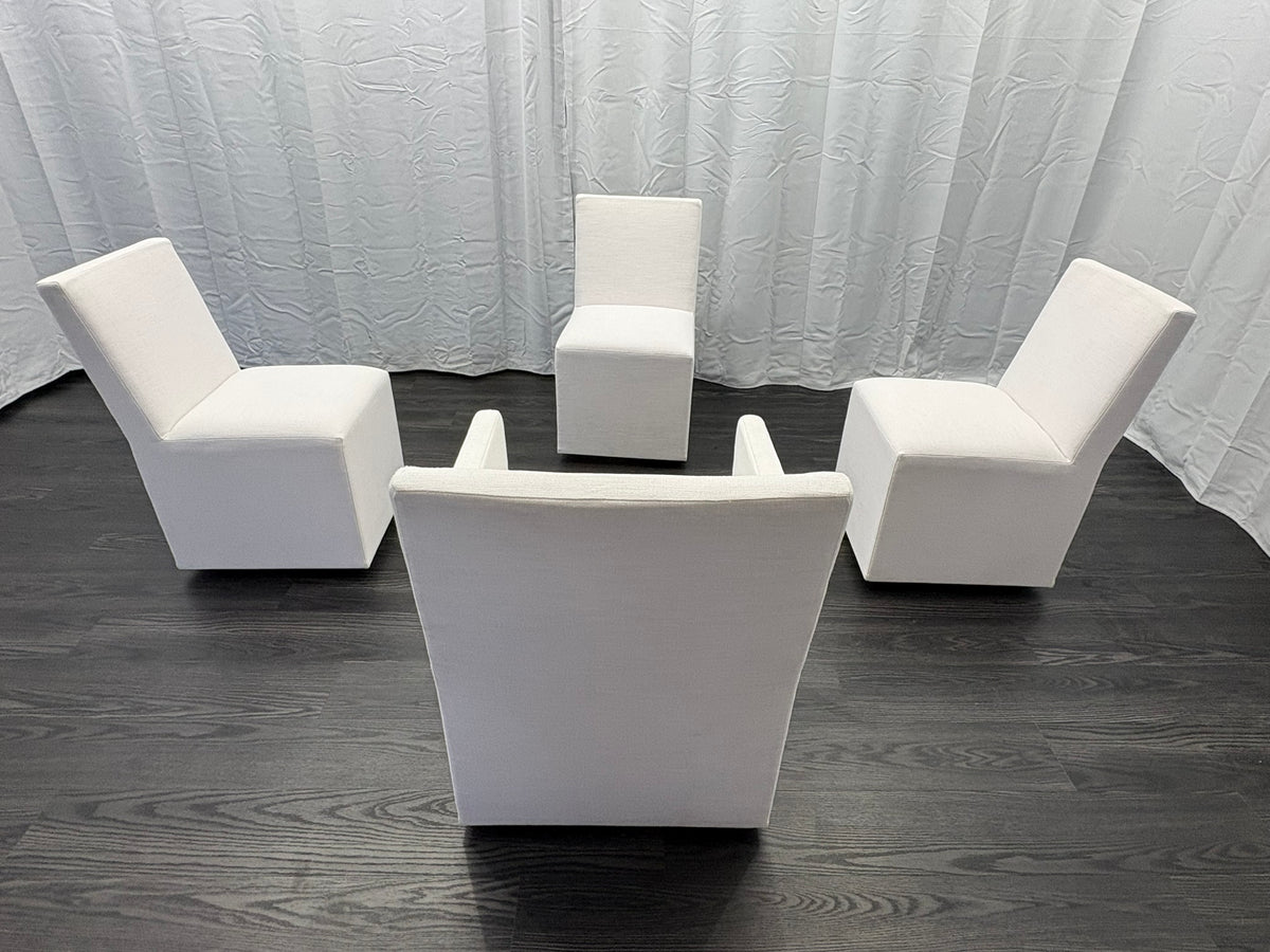 Curated Set of Four RH Ellison Fabric Dining Chairs
Perennials® Performance Textured Linen Weave — White
Recessed Caster Bases