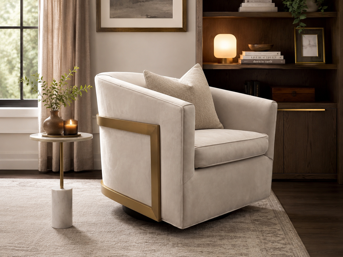RH Reginald Leather Swivel Chair Italian Veneto Leather – Ivory | Brass | Black Oak Drifted Base | 360° Swivel
