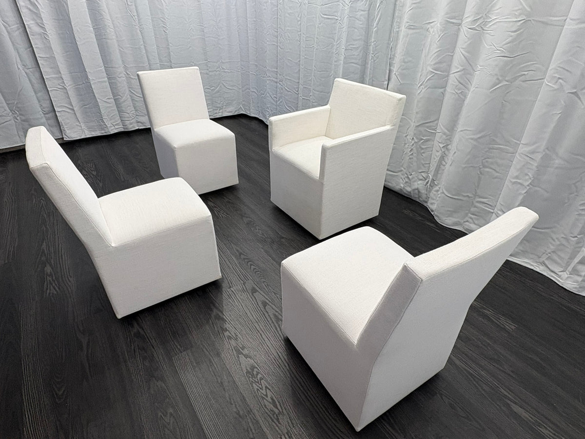 Curated Set of Four RH Ellison Fabric Dining Chairs
Perennials® Performance Textured Linen Weave — White
Recessed Caster Bases