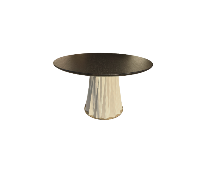 Sculptural Designer Dining Table – Attributed to Baker “Heliodor” Pedestal in Ivory & Gold × RH 48″ Black Brushed Oak Top