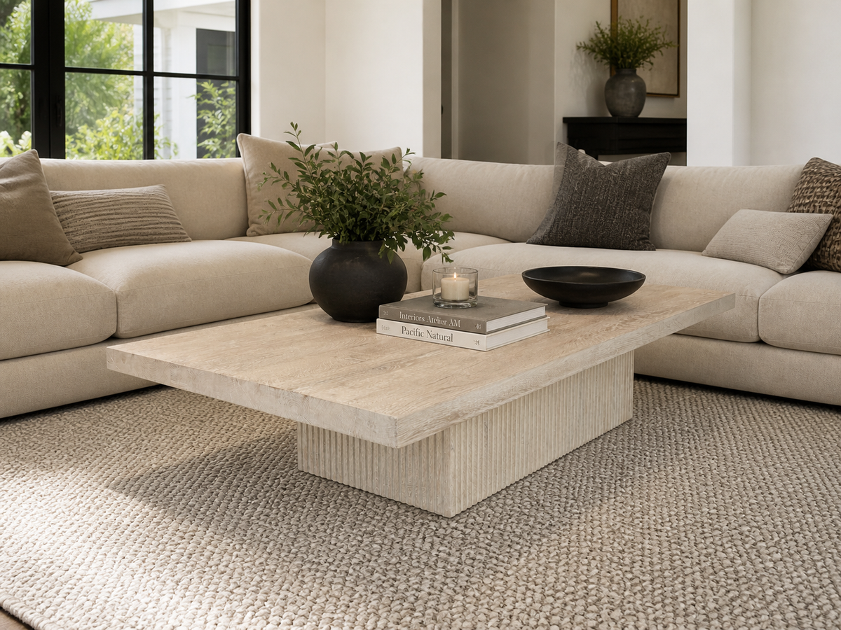 RH Reclaimed Oak Reeded Plinth Rectangular Coffee Table – 64"
