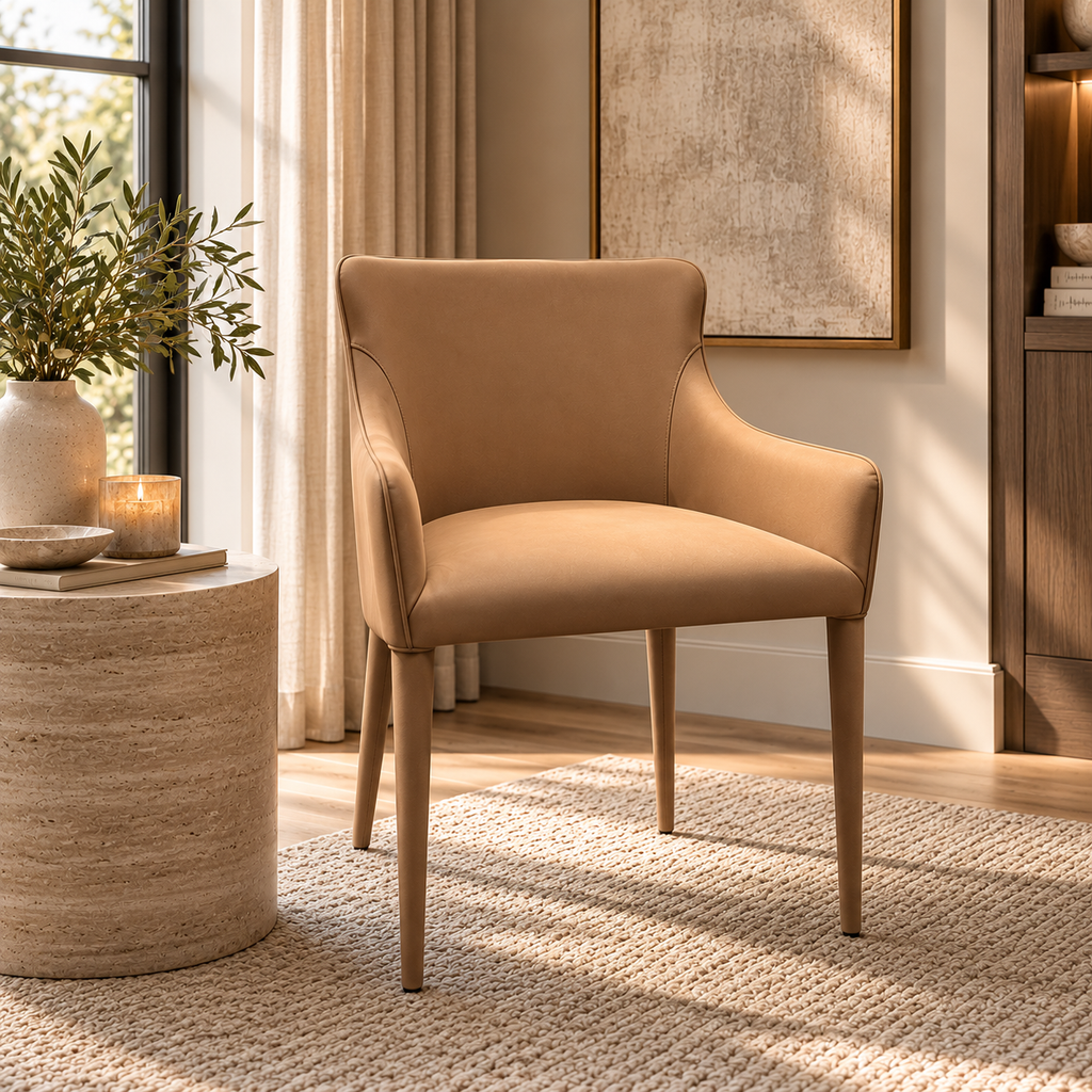 RH Nicola Slope Leather Dining Armchair — Vegan Leather | Cocoa