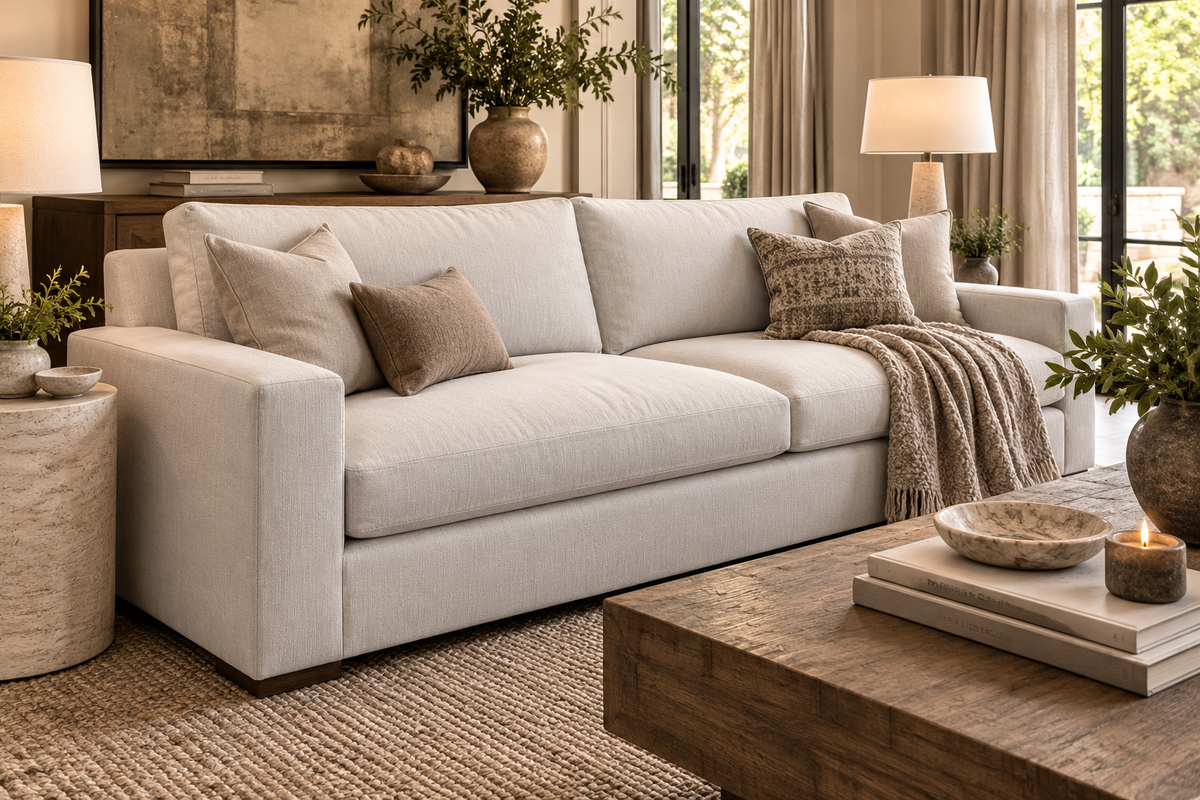 RH Maxwell 8' Classic Sofa — 2-Cushion | Perennials Performance Linen Weave | Dove