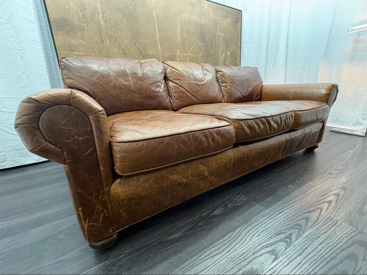 RH Original Lancaster Leather 3-Cushion Sofa – 7' Petite 38"D | Italian Brompton Cocoa | Down-Feather | Pre-Owned