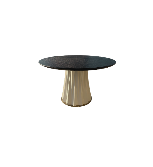 Sculptural Designer Dining Table – Attributed to Baker “Heliodor” Pedestal in Ivory & Gold × RH 48″ Black Brushed Oak Top