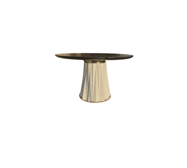 Sculptural Designer Dining Table – Attributed to Baker “Heliodor” Pedestal in Ivory & Gold × RH 48″ Black Brushed Oak Top